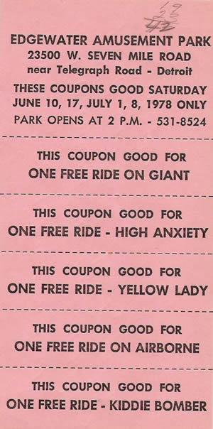Edgewater Park -  COUPONS 1978 FROM STEVE WILLIAMS